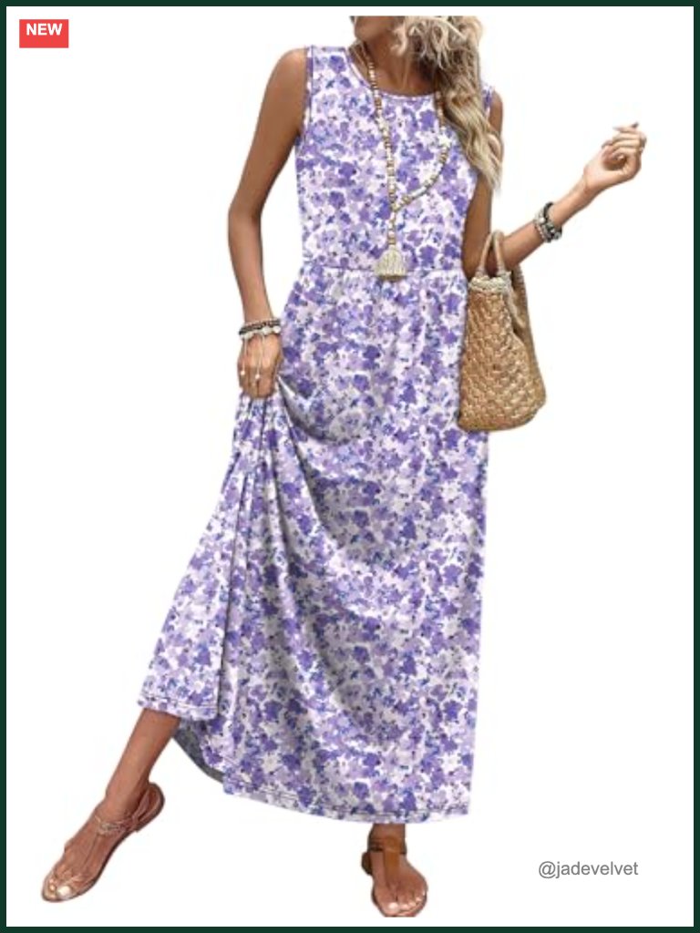 Maxi Dress With Elastic Waist And Pockets - Sleeveless A-Line Sundress